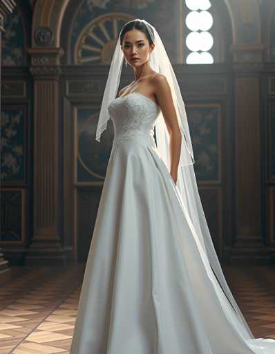 A woman is standing in front of a large window with a white curtain and a gold frame. She is wearing a long white wedding dress that falls down to her knees, and she has a veil on her head. The room appears to be a church or a similar setting, as indicated by the high ceiling and the presence of columns.