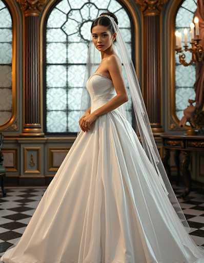 A stunning bride in a classic, strapless ballgown stands elegantly in a richly decorated room. The focus is on her poised posture and the flowing, voluminous skirt, contrasted by a delicate, sheer veil. The ornate, vintage-inspired setting with its checkered floor and detailed window frames creates a romantic, timeless atmosphere.