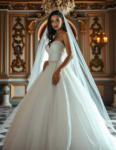 A stunning portrait of a woman in a beautiful white wedding gown, standing gracefully in an ornate room. The dress is a classic ballgown style with a sweetheart neckline and a flowing, voluminous skirt. She wears a long, sheer veil that drapes elegantly around her shoulders and cascades to the floor. Her dark hair is styled in soft waves, framing her face with a subtle, elegant makeup look. She's wearing delicate gold earrings and has a serene yet confident expression. The background features intricate details of the room's decor, including ornate gold wall panels with portraits and a grand chandelier. The lighting is soft and highlights the texture of the dress and veil, creating a romantic and ethereal atmosphere. The overall composition is a beautiful blend of fashion, elegance, and timeless beauty.