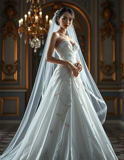 A stunning portrait of a beautiful bride in a classic white wedding gown, standing gracefully in an opulent, ornate room. The bride is the focal point, positioned slightly off-center, with her hands gently resting on the skirt of her gown. She has long, dark hair styled in an elegant updo with a delicate veil cascading down her back. The gown features intricate detailing, including subtle embellishments and a fitted bodice that flares into a full skirt. The lighting is soft and romantic, highlighting the texture of the fabric and the bride's features. The background showcases a grand room with ornate gold accents, including a large chandelier and decorative wall panels. The overall mood is one of elegance, romance, and timeless beauty.