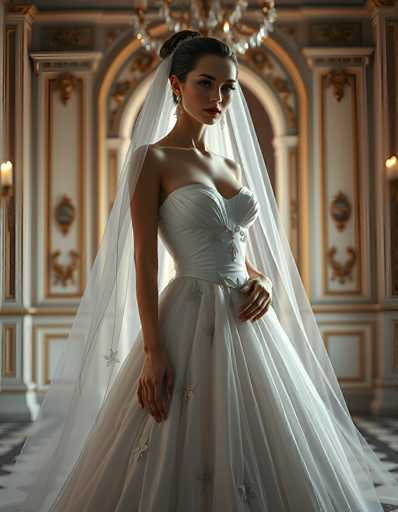 A stunning portrait of a bride in an elaborate, ethereal wedding gown. The bride is positioned centrally, wearing a classic white strapless ballgown with intricate detailing on the bodice and skirt. A long, flowing veil cascades down her back, partially obscuring a richly decorated, ornate background. Her hair is styled in an elegant updo, and she wears delicate earrings. The lighting is soft and dramatic, highlighting the texture of the fabric and the bride's serene expression. The overall mood is one of timeless elegance and romanticism, with a touch of fantasy due to the detailed setting.
