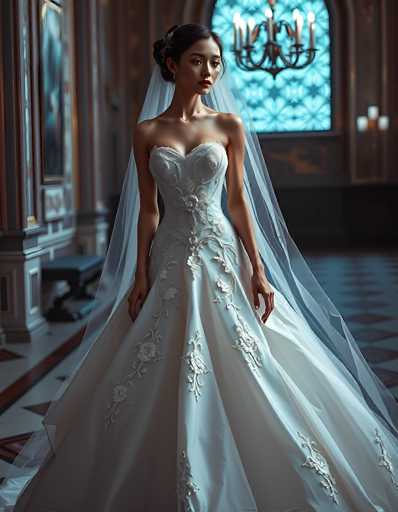 A stunning bride in a flowing, intricately embroidered white wedding gown and veil stands gracefully in a grand, ornate room. The focus is on her elegant posture and the detailed gown's texture, bathed in soft light. The spatial relationship emphasizes a sense of timeless elegance and romanticism. The art style is photorealistic, emphasizing detail and depth.