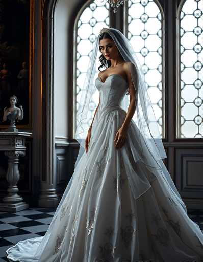 A stunning bride in an elegant, intricately detailed white wedding gown and veil stands gracefully in a grand, ornate room. The spatial relationship places her as the central focus, bathed in soft light from large arched windows with intricate patterns. The art style is a blend of classic portraiture and romanticism, emphasizing elegance and sophistication.