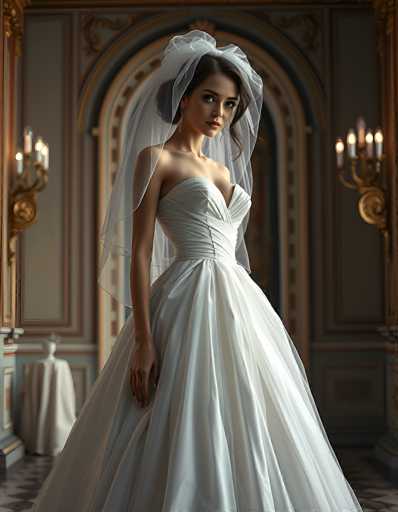 A stunning bride in a classic, ethereal wedding gown stands gracefully in an ornate, dimly lit room. The focus is on her elegant posture and the flowing details of her dress and veil, set against a backdrop of rich architectural details. The art style is realistic, emphasizing soft lighting and intricate textures.