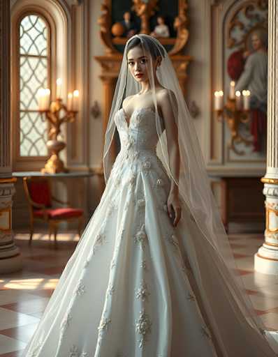 A stunning bride in a luxurious, intricately detailed white gown and veil stands gracefully in a grand, ornate room. The spatial relationship places her as the central focus, bathed in soft light, with a blurred background emphasizing the opulent setting. The art style is highly detailed and romantic, reminiscent of a classical portrait with a modern touch.