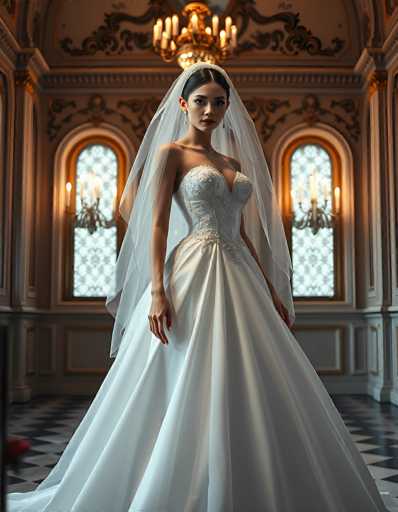A stunning portrait of a bride in a beautiful white wedding gown, standing in an ornate, dimly lit room. The bride is the focal point, with her elegant gown featuring a sweetheart neckline and intricate detailing on the bodice. She wears a long, flowing veil that drapes gracefully around her shoulders and extends to the floor. Her hair is styled in a sleek updo, and she wears delicate earrings. She looks directly at the viewer with a serene and captivating expression. The room is filled with warm, soft lighting from ornate chandeliers and wall sconces, casting dramatic shadows that enhance the overall atmosphere. The background features detailed architectural elements like arched windows and decorative panels, creating a sense of grandeur and timelessness. The floor is patterned with dark tiles, adding to the overall elegance of the scene.