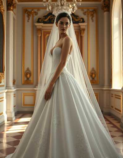 A stunning portrait of a bride in a beautiful, intricately detailed white wedding gown. The dress features a fitted bodice with delicate lace detailing and a flowing skirt, complemented by a long, sheer veil. She is positioned in a grand, ornate room with marble floors and gilded architectural details, bathed in soft sunlight streaming through large windows. The bride is looking over her shoulder with a serene and elegant expression, creating a captivating and romantic image. The overall style is one of classic elegance and timeless beauty.
