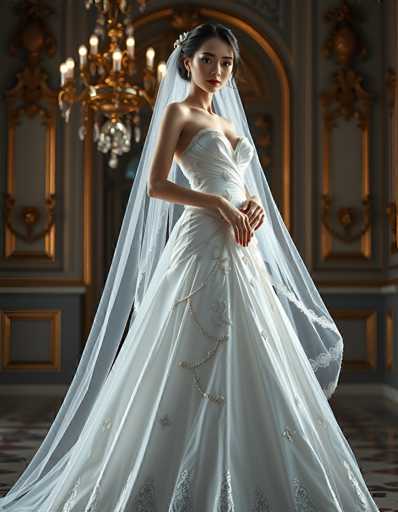 A stunning bride in an elegant, strapless white wedding gown and flowing veil stands gracefully in a richly decorated, ornate room. The focus is on the bride's poised posture and the intricate details of her gown, with a soft, romantic lighting highlighting the opulent setting. The art style is a blend of classic portraiture and fantasy, emphasizing elegance and sophistication.