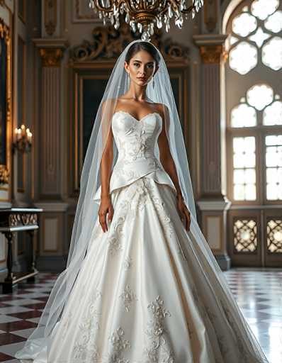 A stunning bride in a classic white wedding gown stands gracefully in an opulent, ornate room. The dress features intricate floral embroidery and a flowing skirt, complemented by a sheer veil that drapes elegantly. The bride's hair is styled in an updo, and she wears delicate jewelry. The room's rich details include gilded mirrors, ornate wall panels, and a grand chandelier, creating a luxurious and romantic atmosphere. The overall lighting is soft and diffused, highlighting the bride's radiant beauty and the grandeur of the setting.