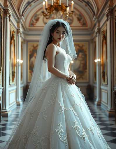 A stunning bride in a classic, ornate white wedding gown and veil stands gracefully in a grand, dimly lit hallway. The focus is on her elegant posture and the intricate details of her dress, with a blurred background emphasizing the opulent, vintage art style.