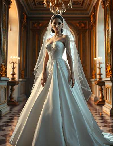 A stunning bride in a classic, elegant wedding gown stands centrally in a grand, ornate hall. The spatial relationship places her as the focal point, framed by the opulent architecture with gilded details and a patterned floor. The art style is photorealistic, emphasizing soft lighting and a sense of timeless beauty.