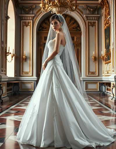A stunning, full-length photograph of a bride in a beautiful white wedding gown. The dress is a classic ballgown style with delicate, embroidered details on the bodice and skirt. She's wearing a long, flowing veil that drapes elegantly behind her. The bride is standing in an ornate, grand hall with a patterned marble floor and gilded architectural details. She's looking over her shoulder towards the viewer, with a serene yet slightly pensive expression. The lighting is soft and dramatic, highlighting the details of her dress and the opulent surroundings. The overall mood is one of elegance, romance, and timeless beauty.