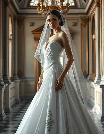 A stunning portrait of a woman in a beautiful white wedding gown, standing in an ornate, grand hallway. The dress is strapless with intricate silver detailing on the bodice and a flowing skirt. She wears a long, sheer veil that drapes elegantly around her shoulders. Her dark hair is styled up, and she wears delicate earrings. The hallway features marble floors with a black and white checkered pattern, ornate columns, and arched windows letting in soft light. The overall mood is elegant, romantic, and slightly dramatic.