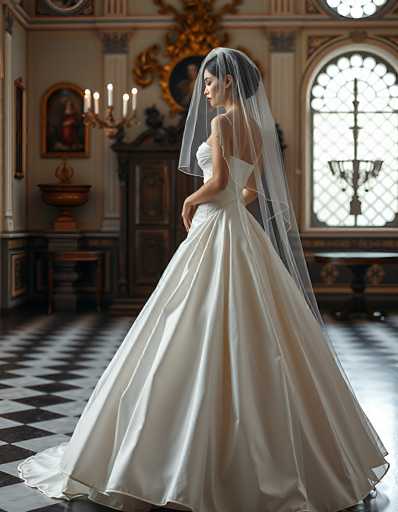 A stunning bride in a classic white wedding gown stands gracefully in an opulent, dimly lit room. The dress is a full ballgown with a fitted bodice and a flowing skirt, made of a satin-like fabric. A delicate sheer veil drapes over her head and cascades down her back, partially obscuring her face. She is positioned in profile, looking towards the left side of the frame with a serene expression. 

The room is richly decorated in a vintage style, featuring dark wooden paneling, ornate chandeliers with candle-like lights, and a black and white checkered floor. A large window with intricate detailing allows soft light to filter in, contrasting with the darker ambiance of the room. In the background, a framed painting hangs on the wall, adding to the overall sense of elegance and timelessness. The focus is sharp on the bride, highlighting her beauty and the grandeur of the setting.