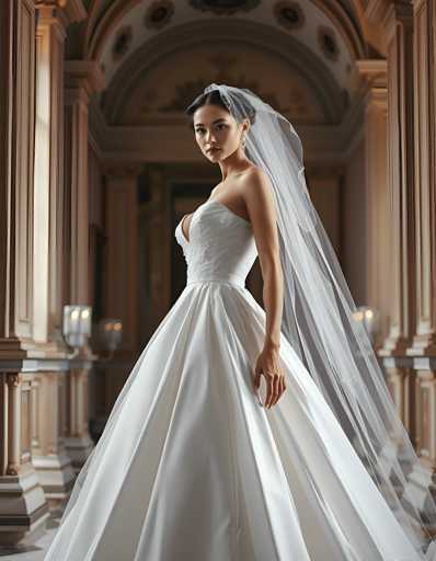 A woman is standing in front of a large archway with her back turned towards the camera. She is wearing a white wedding dress that falls to just below her knees and has a veil on her head. The archway behind her is made of stone and features columns at either end, adding an element of grandeur to the scene.