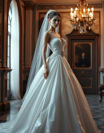 A stunning portrait of a bride in a classic, elegant wedding gown. The dress is a beautiful white ballgown with a fitted bodice and a full skirt, featuring delicate lace detailing on the neckline. She wears a long, flowing veil that drapes gracefully around her shoulders and cascades down her back. Her hair is styled in an updo, adorned with a subtle floral accessory. She looks directly at the viewer with a serene and slightly enigmatic expression. The setting is an opulent, dimly lit room with ornate architectural details like dark wooden paneling and a large, intricately decorated chandelier. A mirror on the wall reflects a blurred figure of a man in a suit, adding a touch of mystery to the scene. The overall lighting is soft and dramatic, highlighting the bride's elegant attire and creating a romantic atmosphere. The floor has a patterned tile design, adding to the luxurious feel of the space.
