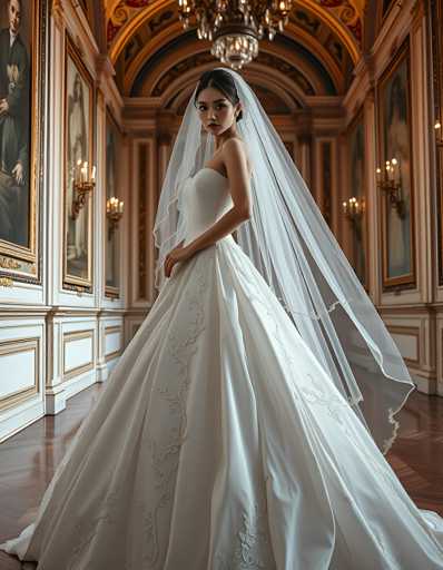 A woman is standing in an ornate room with a high ceiling and chandeliers. She is wearing a white wedding dress with intricate beading and a veil that falls over her shoulders. The room features paintings on the walls and a large window that allows natural light to illuminate the space, creating a warm and inviting atmosphere.