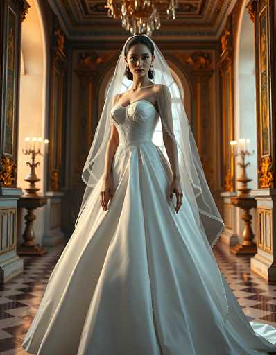 A stunning portrait of a bride in a classic, elegant wedding gown. The dress is a pristine white ballgown with a sweetheart neckline and intricate beadwork on the bodice, flowing into a full skirt. A long, sheer veil drapes gracefully behind her, partially obscuring the background. She stands in a grand, ornate hallway with marble flooring and gilded architectural details. The lighting is soft and warm, highlighting the bride's serene expression and the luxurious setting. Her dark hair is styled simply, and she wears delicate jewelry. The overall mood is one of timeless elegance and romanticism.