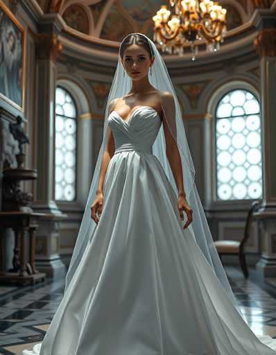 A stunning bride in a flowing, pale-colored wedding gown and veil stands centrally in an opulent, ornate room. The spatial relationship places her as the focal point, framed by a grand, detailed interior with arched windows and a lavish chandelier. The art style is highly realistic, emphasizing elegant detail and soft lighting.