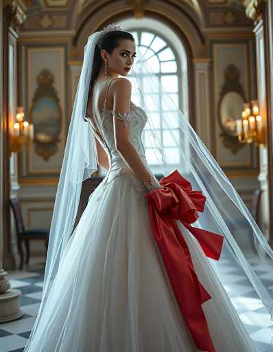 A stunning bride in a beautiful white wedding gown and veil stands in an ornate, vintage-style room. She is looking over her shoulder with a soft, elegant expression. The gown features intricate lace detailing on the bodice and a flowing skirt, with a large red bow attached to the back. The veil is sheer and draped gracefully around her. The room has a rich, warm color palette with gold accents on the walls and ornate chandeliers. Large windows let in soft light, creating a dreamy atmosphere. The overall mood is romantic and elegant, highlighting the bride's beauty in her wedding attire.