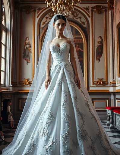 A stunning bride in a flowing, intricately embroidered white gown and veil stands gracefully in a grand, ornate room. The spatial relationship places her centrally, emphasizing her elegance against the detailed architectural backdrop of gilded walls and a large chandelier. The art style is classical, with a focus on opulent detail and dramatic lighting.