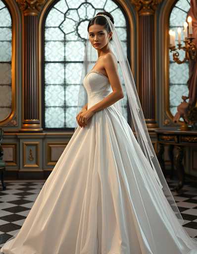 A woman is standing in front of a window with a white curtain and gold trim. She is wearing a long white wedding dress that falls down to her knees. The room has a black and white checkered floor and a chandelier hanging from the ceiling.