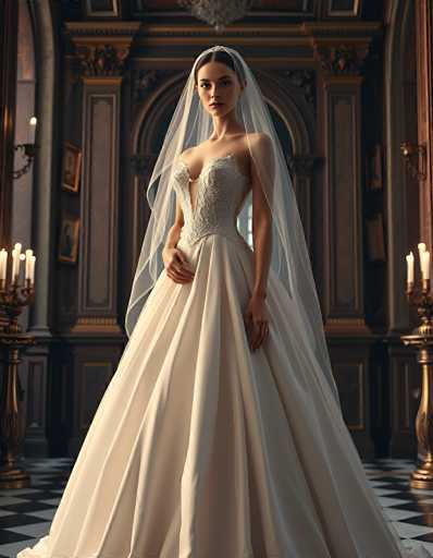 A stunning bride in a classic, flowing wedding gown and veil stands gracefully in an ornate, dimly lit room. The focus is on her elegant posture and the detailed texture of the gown, with a warm, romantic lighting creating a dramatic atmosphere. The art style is reminiscent of a Renaissance painting, emphasizing depth and intricate detail.