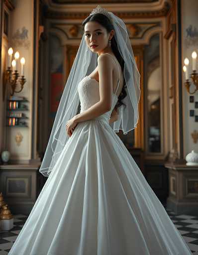 A stunning bride in a flowing white wedding gown and veil stands gracefully, her gaze directed towards the viewer. The opulent setting features ornate gold details, a checkered floor, and a grand, slightly blurred background suggesting a historical interior. The art style is romantic and elegant, emphasizing soft lighting and a focus on the bride's poised presence.
