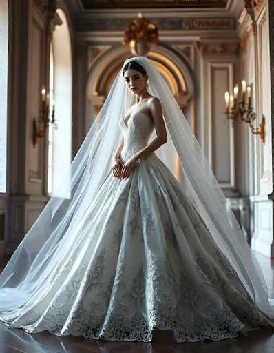 A stunning portrait of a bride in an elaborate, ethereal wedding gown. The dress is a classic ballgown style with intricate silver and white lace detailing throughout, including on the bodice and skirt. The fabric appears to be a delicate, flowing material like silk or satin. A long, sheer white veil cascades down the bride's back and drapes around her shoulders, partially obscuring her face. She is standing in a grand, ornate room with high ceilings and large windows that let in soft, natural light. The background is slightly blurred, drawing focus to the bride. Her pose is elegant and poised, with her hands gently clasped in front of her. The overall mood is one of timeless beauty and romanticism.