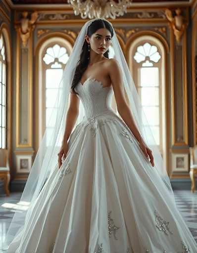 A stunning portrait of a bride in a beautiful, flowing white wedding gown. The dress is a classic ballgown style with intricate detailing on the bodice and skirt, featuring delicate lace and embellishments. She wears a long, sheer veil that drapes gracefully around her shoulders. Her dark hair is styled in soft waves and cascades down her back, framing her face with elegant earrings. She stands in a grand, ornate room with large windows and a patterned floor, bathed in soft natural light. Her expression is serene and captivating, looking slightly off-camera with a gentle smile. The overall mood is one of elegance, romance, and timeless beauty.