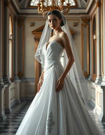 A woman is standing in an ornate hallway with a high ceiling and large windows that allow natural light to illuminate the space. She is wearing a white wedding dress with a strapless bodice and a veil, which features a floral design on the skirt. The woman's pose suggests she is posing for a photograph or portrait.