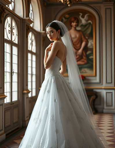 A stunning portrait of a bride in a beautiful white wedding gown, standing near a large window. The bride is looking over her shoulder at the viewer with a soft smile, while holding her hands gently on her waist. The gown is intricately detailed with lace and floral patterns, and a long, flowing veil drapes down her back. The background features an ornate room with large windows and a painting on the wall, creating a romantic and elegant atmosphere. The lighting is soft and warm, highlighting the bride's features and the details of her dress.