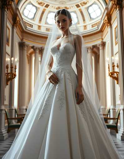A woman is standing in front of a large room with a high ceiling and gold accents. She is wearing a white wedding dress that has a train on the back and a veil over her head. The room features a chandelier hanging from the ceiling and two chairs placed against the wall, one of which is empty.