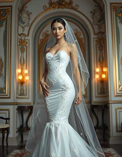 A stunning bride in a white, intricately beaded mermaid gown and flowing veil stands gracefully in an ornate, vintage-inspired setting. The focus is on the bride's elegant posture and the detailed gown, with a soft, warm lighting highlighting the opulent backdrop. The overall style is romantic and classic.