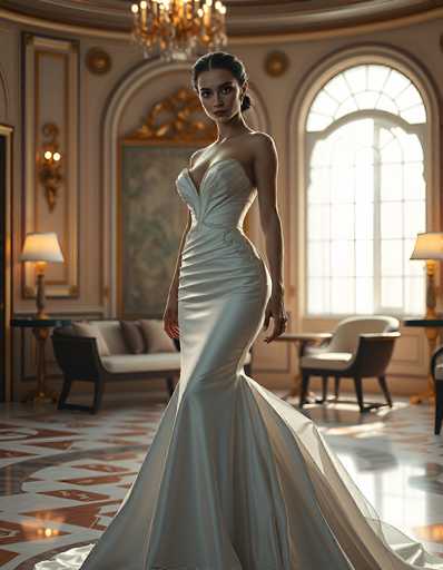A stunning woman in a luxurious, form-fitting white gown stands elegantly in an opulent, classically styled room. The focus is on her figure and the dramatic gown's details, with a soft, warm lighting highlighting the ornate architectural elements and rich parquet floor. The art style is photorealistic, emphasizing a sense of timeless elegance.