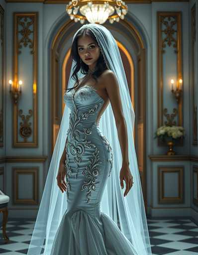 A woman is standing in front of a large archway with a chandelier hanging from it. She is wearing a blue dress with silver accents and a veil that falls over her shoulders. The room has white walls and gold trim, creating an elegant atmosphere.