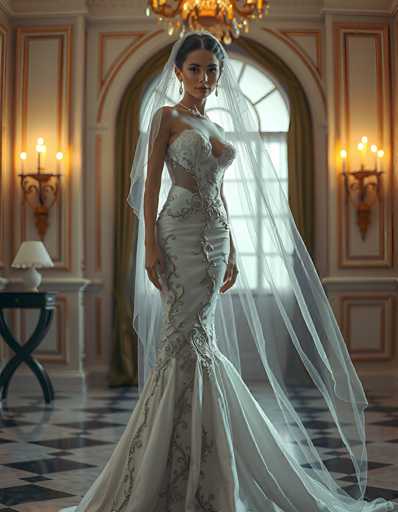 A stunning bride in a detailed, form-fitting wedding gown and flowing veil stands gracefully in an opulent, ornate room. The focus is on the bride's elegant posture and the intricate details of her dress, set against a backdrop of rich architectural elements and soft lighting. The art style is highly detailed and romantic, emphasizing elegance and sophistication.