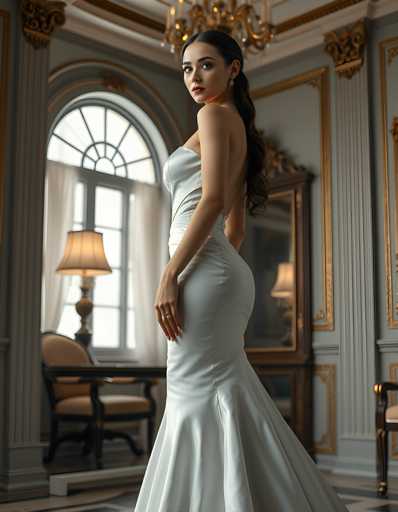 A woman is standing in front of a window with her back turned towards the camera. She is wearing a white dress that falls elegantly down to her knees and has a high neckline. The room she stands in appears to be a luxurious setting, possibly a ballroom or an opulent living space. A chandelier hangs from the ceiling, casting light onto the scene below.
