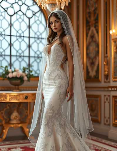 A stunning bride in an elegant, intricately embroidered white wedding gown and flowing veil stands gracefully. The ornate setting features a gilded table with floral arrangements, bathed in soft light from a large window. The overall style is romantic and opulent, emphasizing the bride's poised beauty within a luxurious, vintage-inspired space.