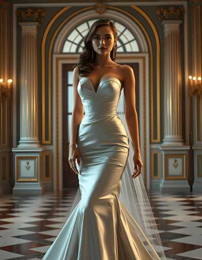 A woman is standing in front of a grand room with columns and arches. She is wearing a white strapless gown that falls just below her knees, and she has long hair styled in an elegant updo. The room features a large window on the right side, allowing natural light to illuminate the space.