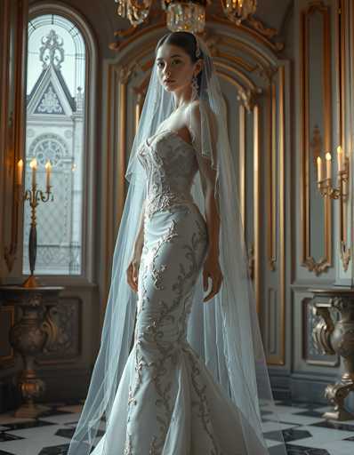 A woman is standing in front of a large window with gold trim and a chandelier hanging from the ceiling. She is wearing a white wedding dress with silver accents that includes a veil and a train. The room has a high ceiling and ornate decorations, creating an elegant atmosphere.