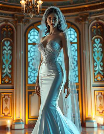 A woman is standing in front of a large window with intricate designs and gold accents. She is wearing a white strapless gown with a train that flows down the length of her body. The window behind her has a similar design to the one on the wall next to it.