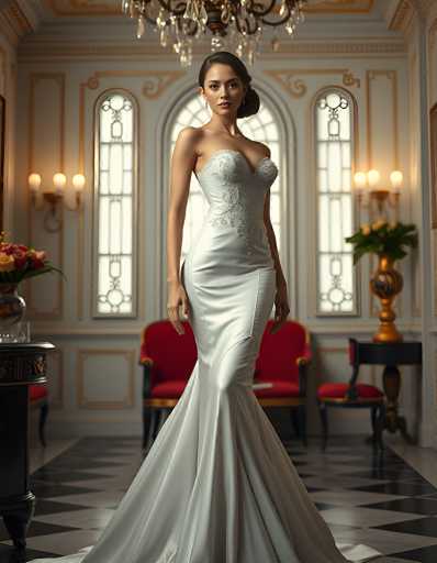 A stunning woman in a white, form-fitting wedding gown stands elegantly in a grand, ornate room. The focus is on her poised posture and the luxurious details of the gown, with a rich, vintage-inspired art style emphasizing intricate patterns and soft lighting. The spatial relationship places her as the central figure, highlighting a sense of timeless elegance.