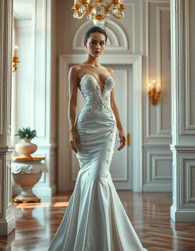 A stunning bride in a flowing, elegant white gown stands gracefully in a grand, ornate hallway. The focus is on her poised figure and the luxurious details of the dress, set against a softly lit, classic interior with marble floors and gilded accents. The art style is photorealistic, emphasizing a sense of timeless elegance.