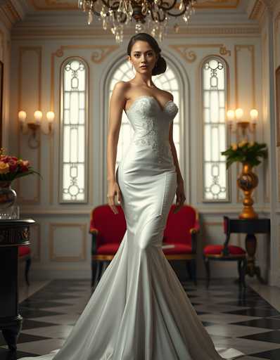 A woman is standing in front of a large window with gold trim and a chandelier hanging from the ceiling. She is wearing a white wedding dress that falls just below her knees. The room has a high ceiling and ornate decorations, creating an elegant atmosphere.