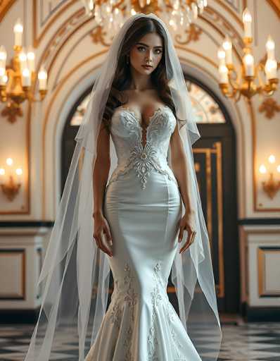 A stunning bride in a form-fitting, intricately embellished white gown and flowing veil stands centrally in an opulent, ornate setting. The spatial relationship places her as the focal point, framed by a grand, softly lit hallway with elegant chandeliers and arched doorways. The art style is photorealistic, emphasizing a romantic and luxurious atmosphere.