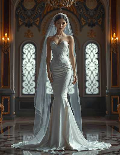 A stunning bride in a flowing, ivory mermaid gown and sheer veil stands gracefully in an opulent, ornate room. The focus is on her elegant form, highlighted by the soft lighting and detailed architectural backdrop with arched windows. The art style is a blend of realistic portraiture and romantic fantasy, emphasizing a timeless, ethereal beauty.