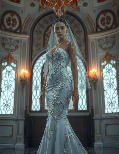 A woman is standing in front of a large window with intricate designs and gold accents, wearing a long, elegant white dress with silver embroidery on the bodice and veil. The room has a high ceiling adorned with ornate decorations, including a chandelier hanging from the center.