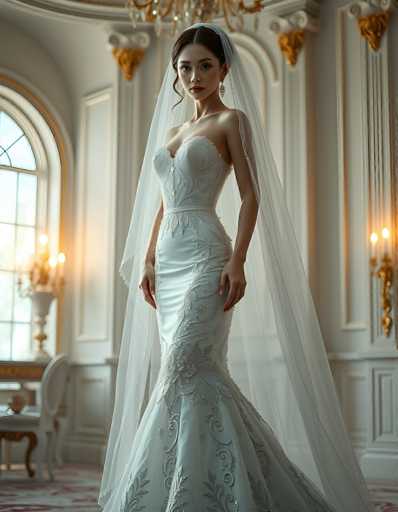 A stunning bride in a white, intricately detailed wedding gown and veil stands gracefully in an opulent, softly lit room. The focus is on her elegant posture and the delicate texture of her gown, with a warm, romantic aesthetic. The spatial relationship places her as the central subject within the grand setting.