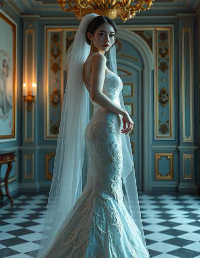 A stunning bride in an elegant, intricately detailed teal gown and veil stands poised in a lavishly decorated room. The spatial relationship places her as the central focus, with ornate architectural details and a checkered floor emphasizing the grandeur of the setting. The art style is highly detailed, leaning towards a romantic and slightly fantastical aesthetic.